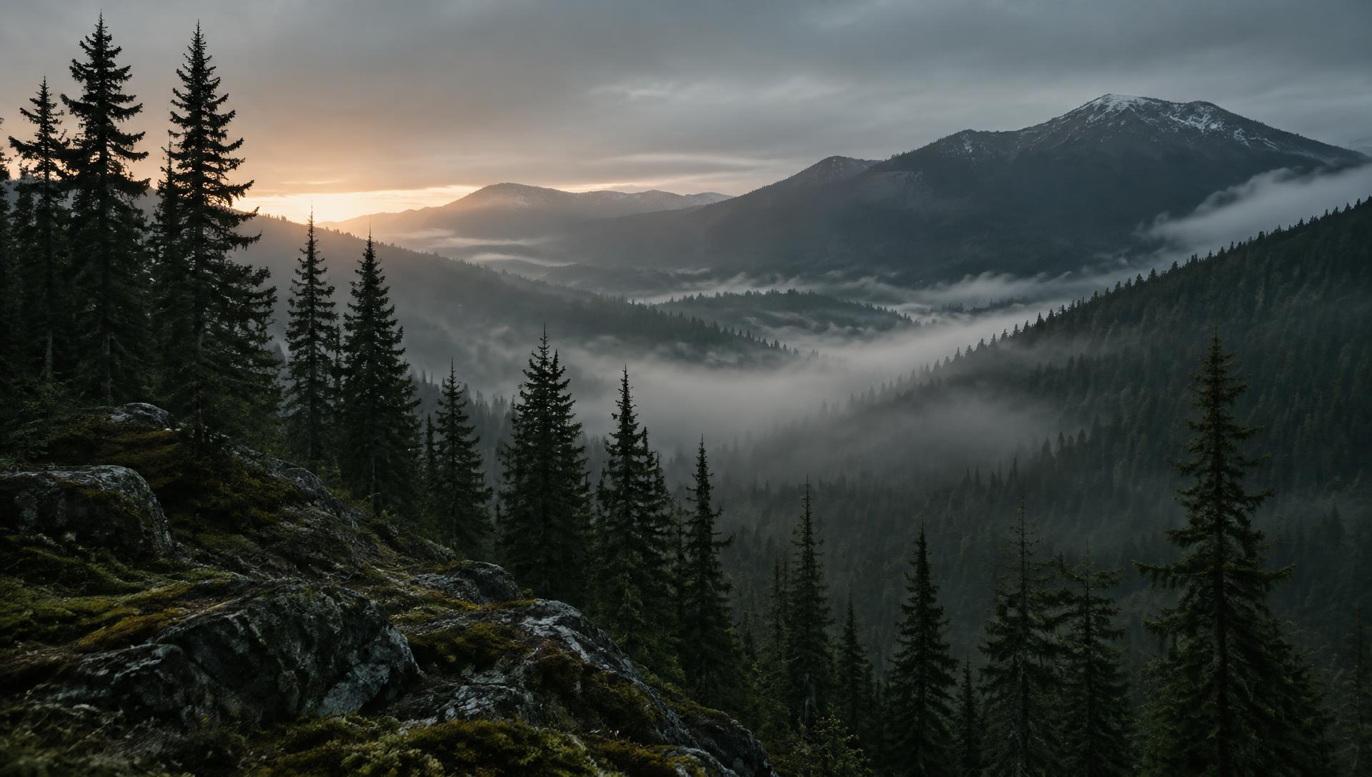 Misty Canadian boreal forest at dawn